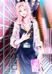  androgynous apron bad_id bad_pixiv_id book glasses highres library long_hair male_focus mawaru_penguindrum open_mouth pink_eyes pink_hair smile solo watase_sanetoshi yuna_(rutera) 
