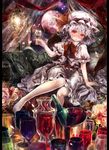  alcohol bad_id bad_pixiv_id bare_legs barefoot bat_wings blush bottle bow couch cup drinking_glass flower full_moon hat highres lamp moon petals pillarboxed red_eyes red_moon remilia_scarlet rose sash shirt silver_hair sitting skirt skirt_set solo torino_akua touhou window wine wine_glass wings 