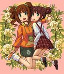  age_difference bag brown_hair double_bun drawr floral_background flower frog goe green_eyes hair_bun height_difference hood hoodie idolmaster idolmaster_(classic) kneeling looking_at_viewer multiple_girls siblings sisters skirt suspenders takatsuki_kasumi takatsuki_yayoi twintails wreath 