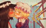  2girls bad_id bad_pixiv_id blonde_hair blush brown_eyes brown_hair culotte_(hosenrock) dated eye_contact food hat heart lace_border looking_at_another maribel_hearn multiple_girls necktie pocky pocky_day profile short_hair striped striped_background touhou usami_renko yellow_eyes yuri 