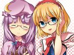  ^_^ adjusting_hair alice_margatroid bad_id bad_pixiv_id bespectacled blonde_hair blue_eyes blush book closed_eyes crescent glasses hairband hat highres multiple_girls open_mouth patchouli_knowledge purple_hair sarekoube touhou 