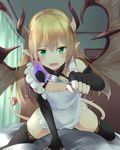  apron black_legwear blonde_hair blush demon_girl demon_horns demon_tail demon_wings fangs feeding fingerless_gloves fork gloves green_eyes horns long_hair original pointy_ears pov_feeding sakusaku solo tail thighhighs wings 