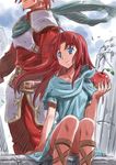  1girl adol_christin ahoge alternate_hair_color ancient_ys_vanished apple armor blue_eyes dress food fruit head_out_of_frame holding holding_food holding_fruit isedaichi_ken lilia_(ys) long_hair md5_mismatch red_hair scarf sitting smile ys 