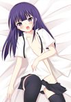  bangs bed_sheet black_legwear blunt_bangs blush collarbone dress_shirt flat_chest groin long_hair lying on_back onsen_panda open_clothes open_mouth open_shirt panties panty_pull purple_eyes purple_hair shirt short_sleeves skirt skirt_pull solo thighhighs tsurime underwear white_panties working!! yamada_aoi 