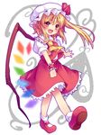  ascot bad_id bad_pixiv_id blonde_hair child error fang flandre_scarlet hat hat_ribbon mary_janes minato0618 open_mouth red_eyes ribbon shoes short_hair side_ponytail skirt skirt_set smile solo touhou walking white_legwear wings wrist_cuffs 