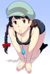  all_fours bad_id bad_pixiv_id black_hair bow braid brown_eyes cabbie_hat flat_chest full_body hair_bow hat jewelry long_hair masao mouth_hold necklace one-piece_swimsuit pendant sheeta socks solo swimsuit tenkuu_no_shiro_laputa twin_braids 