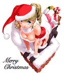  1girl blonde_hair blue_eyes boots breasts candy christmas cleavage denkiushi dress drill_hair earrings english female gift gloves hat high_heel_boots high_heels jewelry looking_up merry_christmas original present santa_costume shoes smile stuffed_animal stuffed_toy teddy_bear thigh_boots thighhighs twin_drills 
