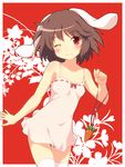  :3 animal_ears bare_shoulders blush brown_hair bunny_ears bunny_tail carrot chemise floral_background inaba_tewi jewelry one_eye_closed pendant red_background red_eyes short_hair smile solo tail thighhighs touhou white_legwear yamasan zettai_ryouiki 