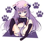  absurdres animal_ears bad_id bad_pixiv_id between_legs black_legwear blush camisole cat_ears cat_tail crescent frown hair_ribbon hat highres kemonomimi_mode long_hair looking_at_viewer lying midriff navel on_back over-kneehighs panties panty_pull patchouli_knowledge paw_print pokachu purple_eyes purple_hair ribbon simple_background solo spread_legs striped striped_panties tail tail_between_legs thighhigh_dangle thighhighs touhou undershirt underwear underwear_only white_background 