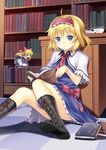  ahoge alice_margatroid apron bad_id bad_pixiv_id blonde_hair blue_eyes blue_skirt book book_focus bookshelf boots bow capelet checkered checkered_floor cross-laced_footwear cup desk doll hair_bow hairband highres lace-up_boots long_hair rasahan reading sash shanghai_doll short_hair sitting skirt smile solo teacup tile_floor tiles touhou 