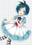  alice_(wonderland) alice_(wonderland)_(cosplay) alice_in_wonderland blue_eyes blue_hair book cosplay dress hair_ribbon inazuma_eleven_(series) inazuma_eleven_go open_mouth ribbon short_hair solo sorano_aoi striped striped_legwear thighhighs wryyyy 