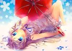  ano_hi_mita_hana_no_namae_wo_bokutachi_wa_mada_shiranai. bad_id bad_pixiv_id bare_legs barefoot blue_eyes dress honma_meiko long_hair looking_at_viewer lying namie-kun on_back petals ribbon short_dress silver_hair sleeveless sleeveless_dress solo umbrella upside-down white_dress 