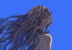 androgynous bad_id bad_pixiv_id blue_background closed_mouth eyelashes floating_hair frown grey_hair hair_over_face long_hair looking_at_viewer looking_back original popompon simple_background solo topless upper_body yellow_eyes 
