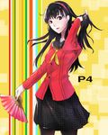  amagi_yukiko black_hair black_legwear fan folding_fan hairband hand_in_hair highres houndstooth long_hair mille_(dieci) pantyhose persona persona_4 pleated_skirt red_eyes school_uniform skirt solo 