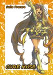  arm_up beamed_eighth_notes boots border bow brooch brown_eyes bubble_skirt character_name circlet copyright_name crossed_legs cure_muse_(yellow) frills full_body happy heart highres jewelry knee_boots kuroshio_(zung-man) long_hair magical_girl musical_note one_eye_closed orange_border orange_hair precure shirabe_ako skirt solo standing suite_precure watson_cross white_background yellow_bow yellow_skirt 
