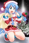  blue_eyes blue_hair christmas hat highres ikamusume long_hair rokushaku_neko sack santa_costume shinryaku!_ikamusume solo tentacle_hair tree 