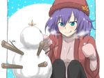  &gt;:) :q alternate_costume alternate_eye_color black_legwear blue_eyes coat cold hat leaf mittens nobamo_pieruda onbashira pantyhose purple_hair smile snow snowman solo sweater tongue tongue_out touhou turtleneck v-shaped_eyebrows yasaka_kanako 