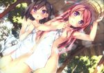  :o absurdres areolae black_hair blush breasts bucket bucket_on_head covering dutch_angle hair_censor highres kantoku kurumi_(kantoku) multiple_girls naked_towel nude_cover object_on_head one_side_up onsen open_mouth original pink_hair purple_eyes scan shizuku_(kantoku) small_breasts smile steam towel tree two_side_up wet white_towel wooden_bucket 