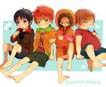  4boys barefoot black_hair blonde_hair blue21 blue_eyes blush brown_hair child english eric_cartman frown green_eyes hat hat_removed headwear_removed jacket kenny_mccormick kyle_broflovski magazine male male_focus multiple_boys open_mouth parody popsicle pornography purple_eyes red_hair short_hair shorts south_park stan_marsh sweat underwear 