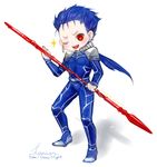  blue_hair character_name chibi copyright_name earrings fate/stay_night fate_(series) gae_bolg jewelry lancer long_hair male_focus medemoisellecu one_eye_closed polearm ponytail red_eyes solo spear weapon 