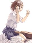  acoustic_guitar bad_id bad_pixiv_id brown_hair cellphone guitar hair_ornament hairclip instrument open_mouth original phone pleated_skirt pomodorosa seiza sheet_music shirt short_hair simple_background sitting skirt solo white_background 