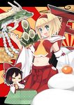  :3 =_= alice_margatroid ascot bamboo bare_shoulders black_hair blonde_hair blue_eyes blush bow breasts brown_hair chibi cosplay cover cover_page detached_sleeves doujin_cover dragon eastern_dragon eating food fruit gohei hair_bow hair_tubes hairband hakama hakurei_reimu hakurei_reimu_(cosplay) highres japanese_clothes kadomatsu kotatsu mandarin_orange medium_breasts midriff mochi multiple_girls navel new_year oinari_(tensaizoku) open_mouth red_hakama sarashi short_hair smile table torii touhou wagashi wide_sleeves 