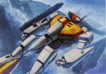  absurdres choujikuu_yousai_macross cloud dutch_angle engine epic fog gunpod highres macross macross:_the_first mecha no_humans non-web_source official_art oldschool promotional_art realistic scan science_fiction sdf-1 smoke space_craft tenjin_hidetaka u.n._spacy variable_fighter vf-1 vf-1d 