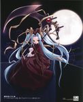  blue_hair dress eario full_moon hat highres itou_noiji moon red_dress red_eyes scan scythe serious sitting solo twintails two_side_up wasurenagusa 