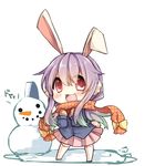  :3 :d animal_ears blush bow bunny_ears bunny_tail chibi earmuffs extra_ears hat jacket long_hair looking_at_viewer mittens open_mouth pleated_skirt purple_hair red_eyes reisen_udongein_inaba ribbon scarf shirt simple_background skirt smile snow snowman solo tail thighhighs touhou white_background white_legwear winter winter_clothes yuya_(night_lily) 