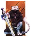  2018 anthro barefoot blue_eyes clothed clothing digital_media_(artwork) feline fur holding_object holding_weapon male mammal melee_weapon pantherine ravoilie solo sword tiger weapon white_fur 