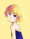  bare_shoulders blonde_hair bob_cut dress eirene_(oniro) english eyebrows highres looking_at_viewer oniro original pas_(paxiti) purple_eyes short_hair simple_background solo strapless strapless_dress text_focus upper_body yellow yellow_background 
