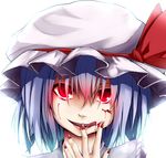  blood blood_on_face blue_hair canae0 face fang finger_to_mouth glowing glowing_eyes hat licking_lips open_mouth portrait red_eyes remilia_scarlet short_hair smirk solo tongue tongue_out touhou 