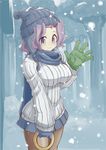  alternate_costume bad_id bad_pixiv_id beanie breasts commentary_request contemporary forest gloves hat impossible_clothes impossible_sweater jewelry kumoi_ichirin large_breasts large_ring naka_akira nature pantyhose purple_eyes purple_hair ribbed_sweater ring scarf shirt skirt smile snow snowing solo sweater touhou waving winter_clothes 