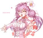  :d breasts closed_eyes double_bun english flower hair_flower hair_ornament himuro_(dobu_no_hotori) large_breasts open_mouth original outstretched_arms pullover purple_hair smile solo twintails 