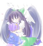  ^_^ black_hair blush cape closed_eyes hair_ribbon heart hug kenoka komeiji_satori long_hair multiple_girls purple_eyes reiuji_utsuho ribbon short_hair skirt sleeves_past_wrists smile touhou wings 