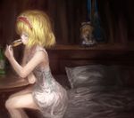  alice_margatroid bed blonde_hair blue_eyes bottle character_doll cup curtains doll dress drinking drinking_glass glass hairband indoors kirisame_marisa madaragi nightgown pillow short_dress short_hair sitting solo touhou window wine_glass 