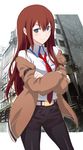  belt black_legwear blue_eyes blush brown_hair crossed_arms jacket legwear_under_shorts long_hair looking_at_viewer makise_kurisu necktie pantyhose red_neckwear shorts shoumaru_(gadget_box) smile steins;gate 