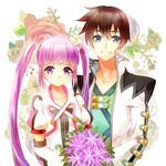  1girl asbel_lhant bad_id bad_pixiv_id blue_eyes brown_hair collarbone cropped_jacket detached_sleeves flower green_shirt heterochromia jacket purple_eyes purple_hair rose shirt sophie_(tales) tales_of_(series) tales_of_graces three_plates twintails 