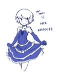  bare_shoulders blue bob_cut curtsey dress eirene_(oniro) elbow_gloves english flat_chest gloves highres magical_girl monochrome oniro original pas_(paxiti) short_hair simple_background sketch solo strapless strapless_dress text_focus white_background 