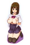  blue_eyes blush breasts brown_hair cleavage covering covering_nipples full_body large_breasts open_clothes open_mouth original pleated_skirt ryoji_(nomura_ryouji) school_uniform skirt smile solo thighhighs 