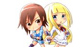  blonde_hair blue_eyes blush breasts brown_eyes brown_hair chibi dress fighting_stance fingerless_gloves frilled_dress frills gloves ichiran kazama_asuka lili_(tekken) long_hair multiple_girls navel navel_cutout pink_hair skirt small_breasts tekken white_skirt 