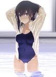  akitama bad_id bad_pixiv_id breasts brown_eyes brown_hair competition_swimsuit large_breasts one-piece_swimsuit open_clothes open_shirt original shirt solo standing swimsuit wading 