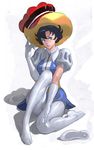  bad_id bad_pixiv_id black_hair blue_eyes breasts dress elbow_gloves gloves hat kilart medium_breasts pantyhose princess_sapphire puff_and_slash_sleeves puffy_short_sleeves puffy_sleeves ribbon_no_kishi scan scan_artifacts shoes_removed short_dress short_hair short_sleeves sitting solo white_background white_gloves white_legwear 