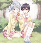  1girl bad_id bad_pixiv_id black_hair brown_eyes cosplay doughnut eating food genderswap genderswap_(mtf) gintama glasses kneehighs maruki_(punchiki) messy_hair mouth_hold nichijou open_mouth pleated_skirt red_eyes sakata_gintoki school_uniform shimura_shinpachi short_hair short_twintails silver_hair skirt smile tokisadame_school_uniform tree twintails 