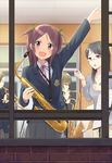  :d arm_up blazer brick_wall fang from_outside glasses instrument jacket looking_at_viewer looking_out_window multiple_girls open_mouth original pointer sakusaku saxophone school_uniform sheet_music short_twintails smile teacher trumpet twintails two_side_up window 