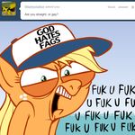  animal_ears applejack_(mlp) ask_jappleack blonde_hair english_text equine female feral friendship_is_magic god_hates_fags green_eyes hair hat horse hotdiggedydemon looking_at_viewer mammal my_little_pony outside pony swearing text tumblr 