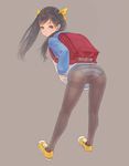  ass backpack bag black_hair black_legwear crotch_seam hair_ribbon leaning_forward legs long_hair original panties panties_under_pantyhose pantyhose randoseru ribbon solo striped striped_panties thighband_pantyhose twintails underwear weno yellow_eyes 