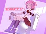  1girl akaza_akari bad_id bad_pixiv_id black_legwear double_bun dress english failure kango_tarou nanamori_school_uniform no_shoes no_toilet_paper open_mouth outstretched_arm panties panties_around_ankles panty_pull pink_hair sailor_dress school_uniform serafuku short_hair sitting socks solo toilet toilet_use truth underwear white_panties yuru_yuri 