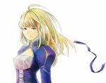  ahoge artoria_pendragon_(all) blonde_hair dress fate/stay_night fate_(series) green_eyes hair_down hair_ribbon kyol-2 long_hair ribbon saber smile solo 