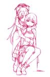  arm_up boots bow closed_eyes hair_bow hand_on_head hijiri_rei hug hug_from_behind long_hair magical_girl mahou_shoujo_madoka_magica miki_sayaka monochrome multiple_girls open_mouth ponytail sakura_kyouko short_hair thighhighs 